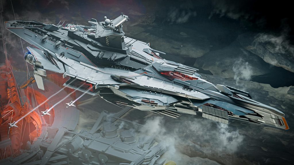 Star Citizen Odin over QV Breaker Station with weapons exposed and launching Hornets from hangar