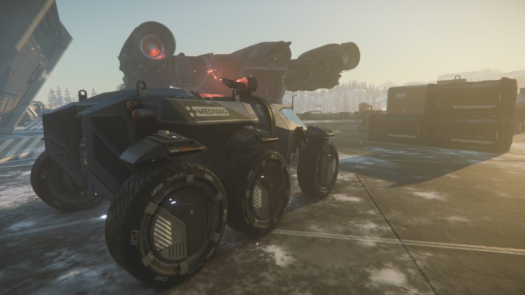 Star Citizen URSA Medivac infront of Cutlass Black